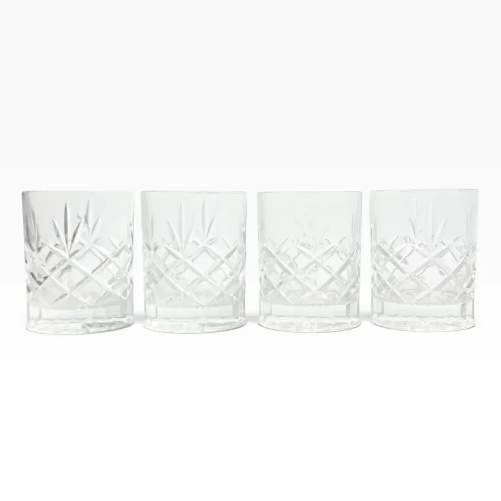 Vintage 4 Crystal Cocktail Old Fashioned Tumbler Glasses 4” 10oz Fan & X Cuts